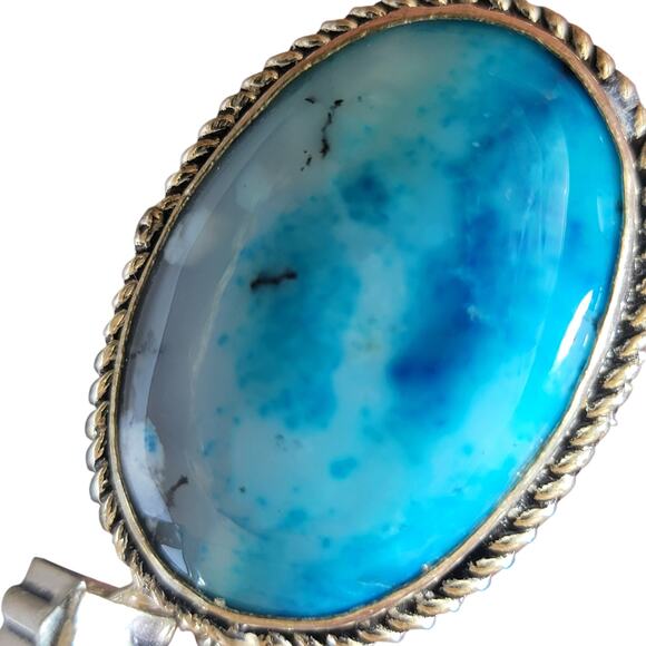 Blue Opal Pendant – Handmade Sterling Silver 1.5" Oval Necklace - Picture 11 of 12